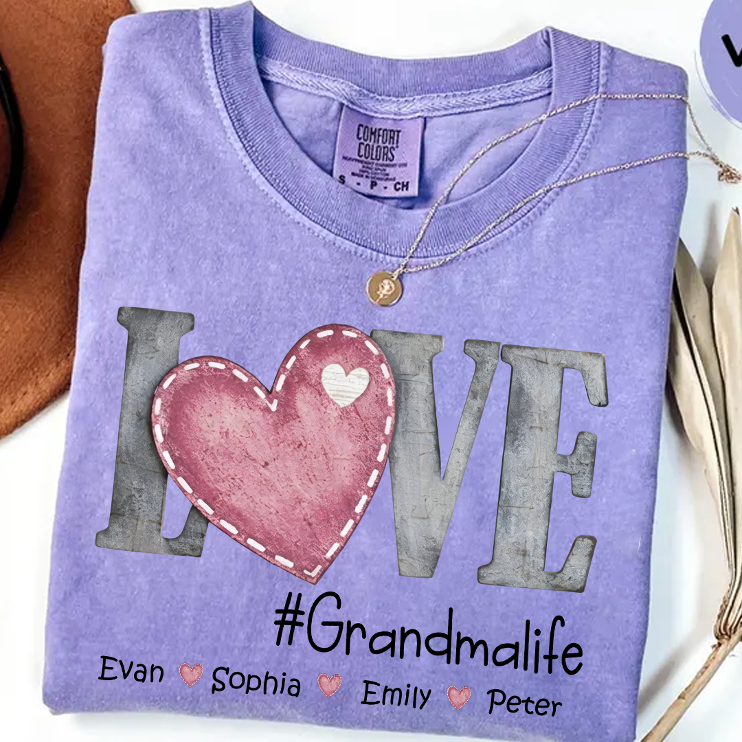 Comfort Colors®'s Personalized Grandma Life T Shirt With Kids Names, Love Heart Graphic Shirt for Nana Mimi Gigi Grandma, Custom Family Name Tee, Soft Casual Everyday Wear