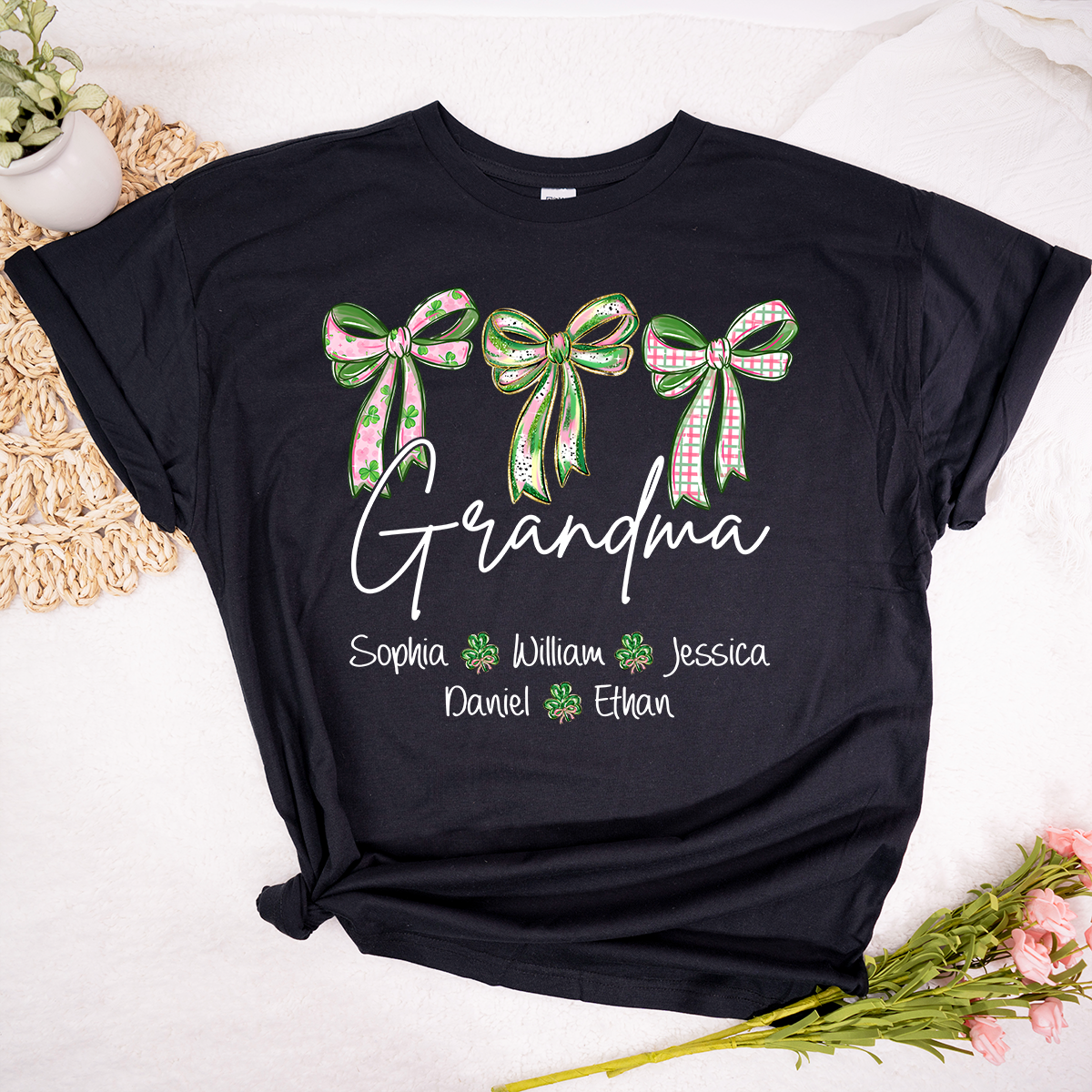 Lucky Grandma Personalized Shirt, Shamrock and Bow St Patrick Day Theme, Custom Names Family Shirt for Grandma
