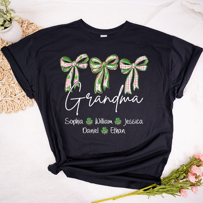 Lucky Grandma Personalized Shirt, Shamrock and Bow St Patrick Day Theme, Custom Names Family Shirt for Grandma