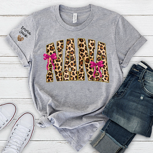 Custom Nana Shirt, Leopard Print And Bow Gift for Mimi Grandma And Kids