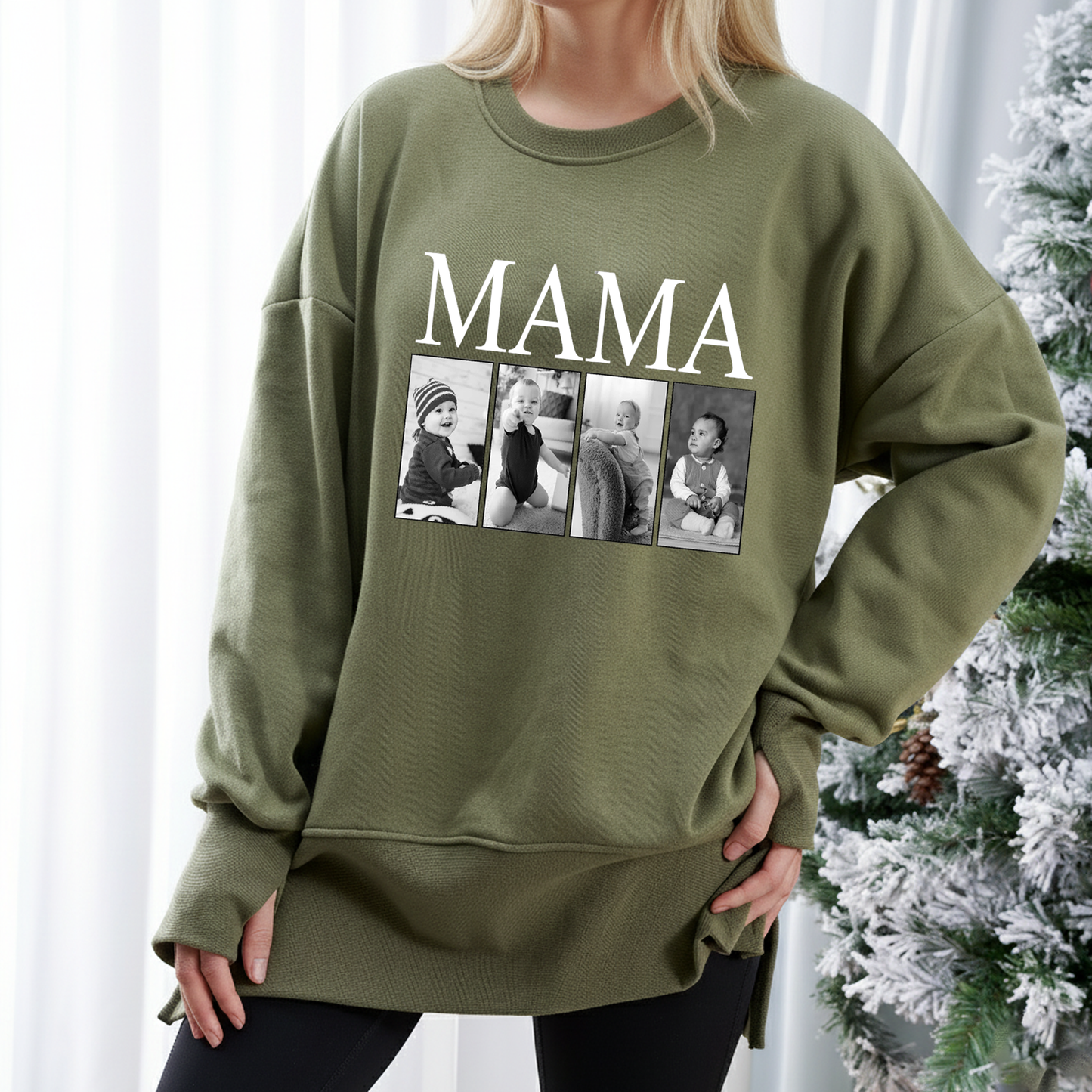 Custom MAMA Photo Sweatshirt – Personalized Oversized Pullover with Kids Pictures, Cozy Thumbhole Long Sleeve for Women