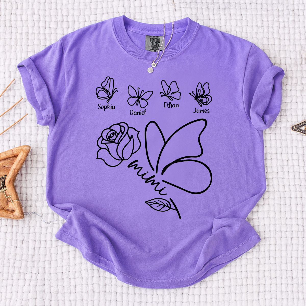 Comfort Colors Custom Mimi Shirt, Butterfly and Rose Graphic, Personalized with Kids Names, Family Gift