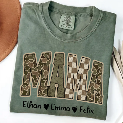 Personalized Camo Mama Shirt - Hunting Style Tee with Custom Kids Names