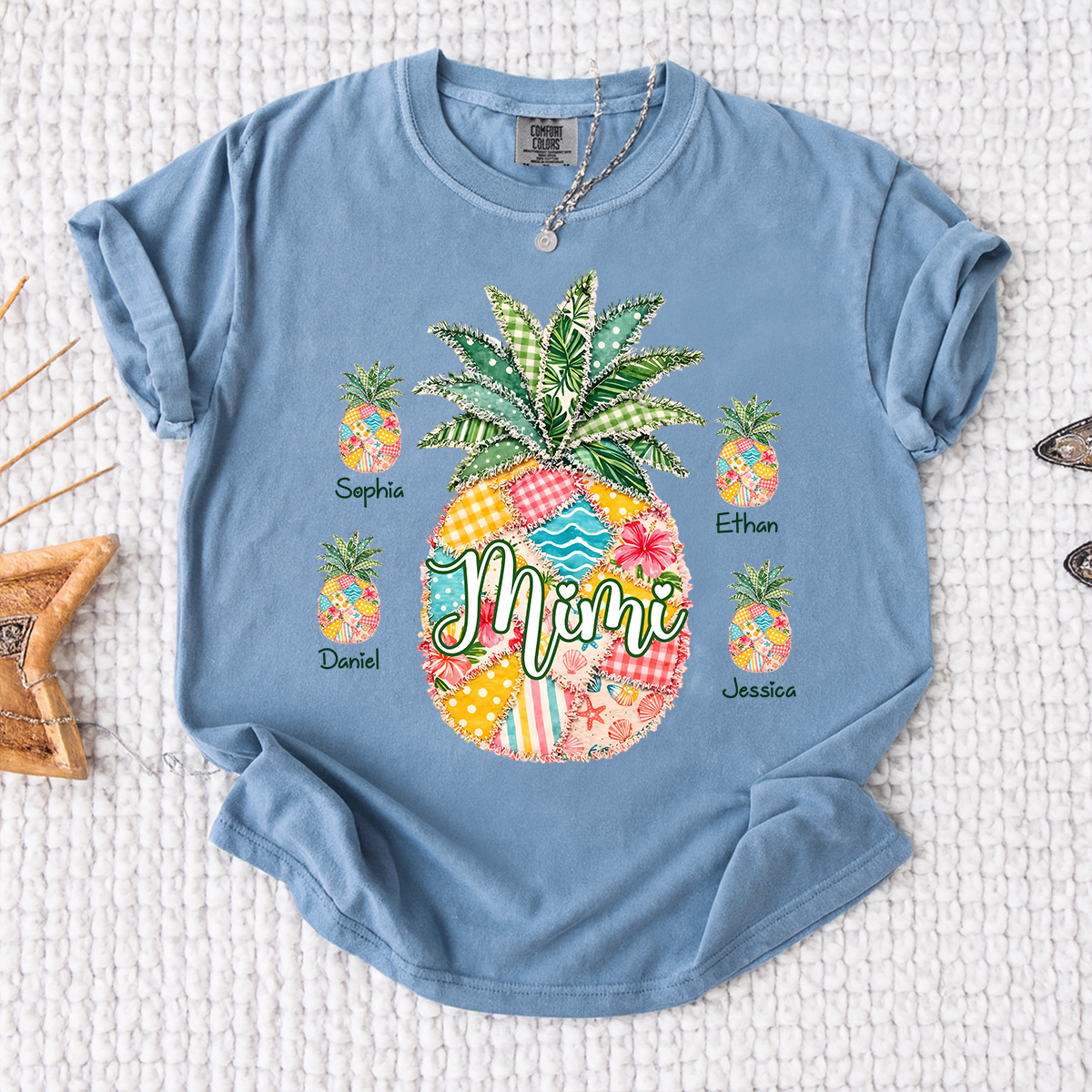 Comfort Colors Personalized Mimi Pineapple Shirt with Grandkids Names, Custom Grandma Tropical T Shirt for Women, Summer Beach Family Gift