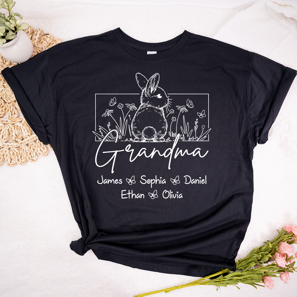 Personalized Grandma Bunny Shirt With Grandkids Names, Custom Easter Grandma Line Art T Shirt
