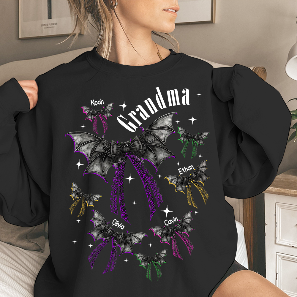 Grandma Halloween Sweatshirt, Personalized Family Spooky Bow for Grandma And Kids