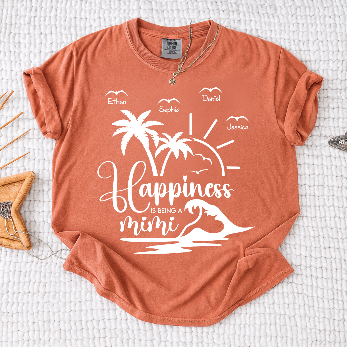 Comfort Colors Personalized Mimi Beach Shirt with Grandkids Names, Happiness Is Being a Mimi Tee, Custom Summer Grandma Gift