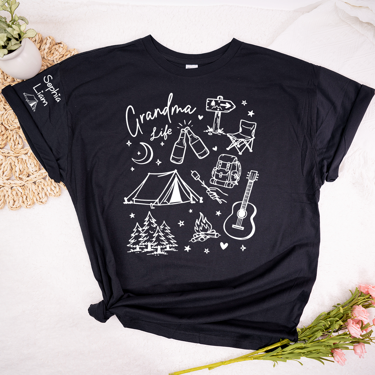 Custom Grandma Life Shirt, Camping Gear and Adventure Icons, Personalized with Name, Outdoor Fun T Shirt for Grandma