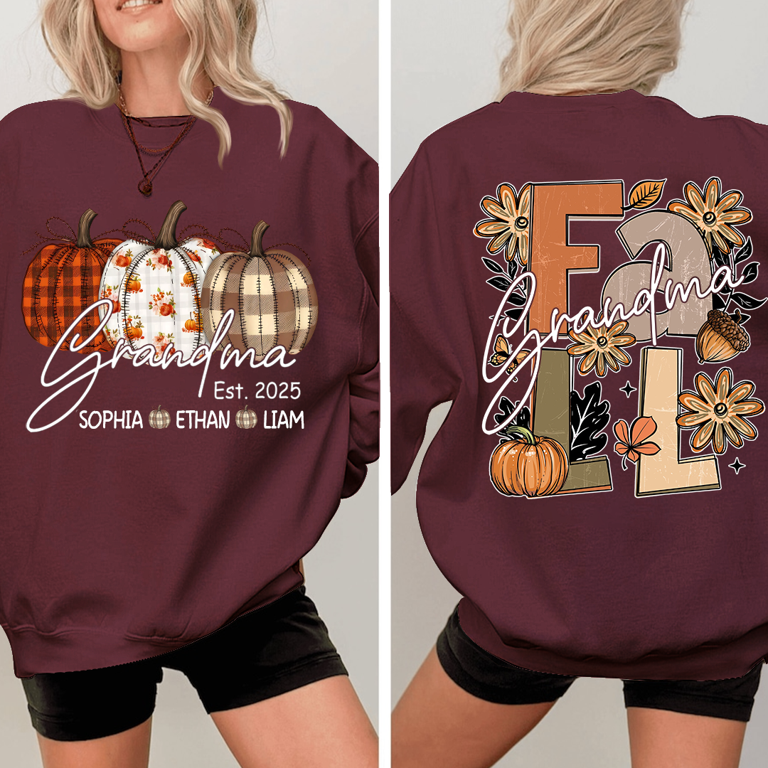 Grandma Autumn Sweatshirt, Pumpkin Floral Shirt with Custom Grandkids Names
