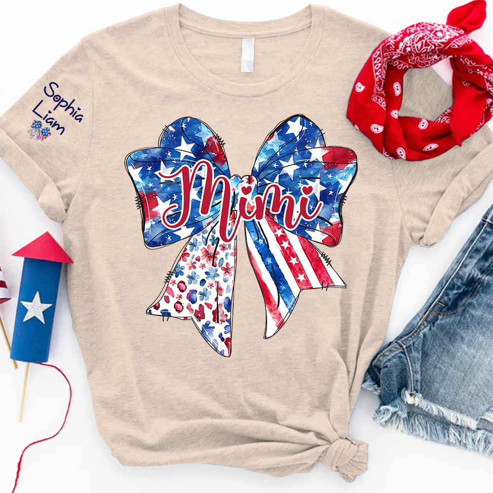 Custom Mimi Shirt with Sleeve Names, American Flag Bow Graphic Tee, Patriotic Grandma Independence Day Apparel