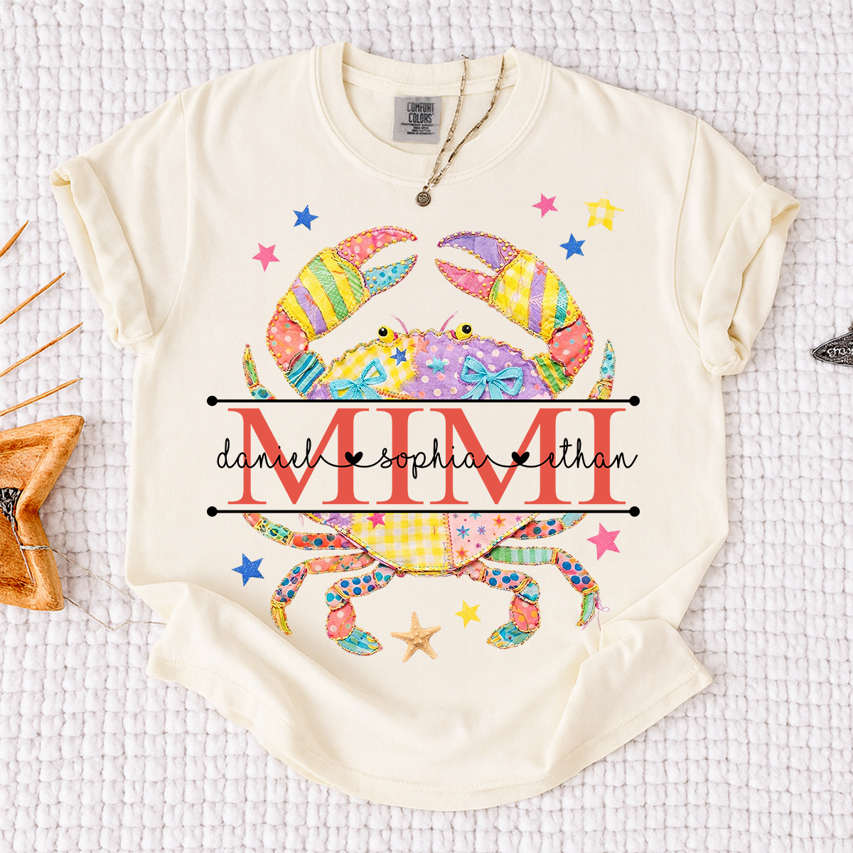 Comfort Colors® Personalized Mimi Crab Shirt with Grandkids Names, Coastal Grandma Tee, Custom Beach Crab Graphic T Shirt, Gift for Mimi from Grandchildren