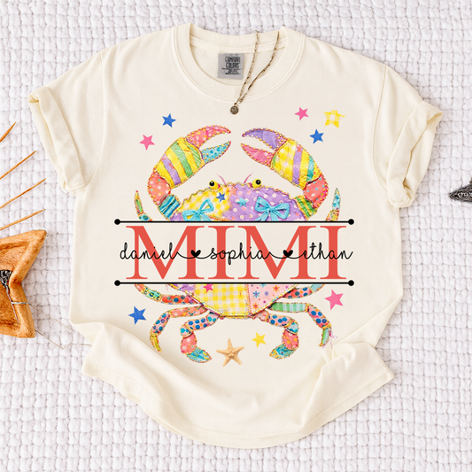 Comfort Colors® Personalized Mimi Crab Shirt with Grandkids Names, Coastal Grandma Tee, Custom Beach Crab Graphic T Shirt, Gift for Mimi from Grandchildren