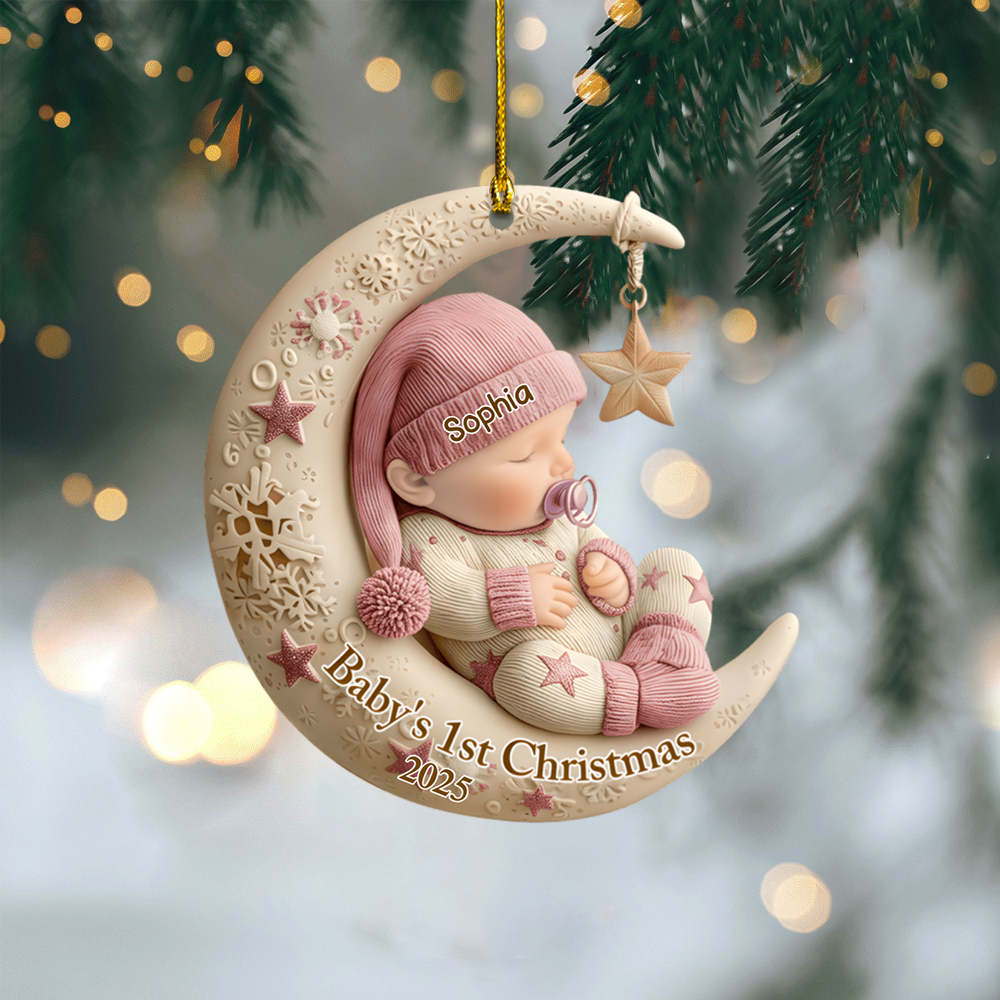 Personalized Baby’s 1st Christmas Ornament 2025 – Custom Name Sleeping Baby on Moon Ornament, Newborn Keepsake Gift for Boys & Girls Ornament