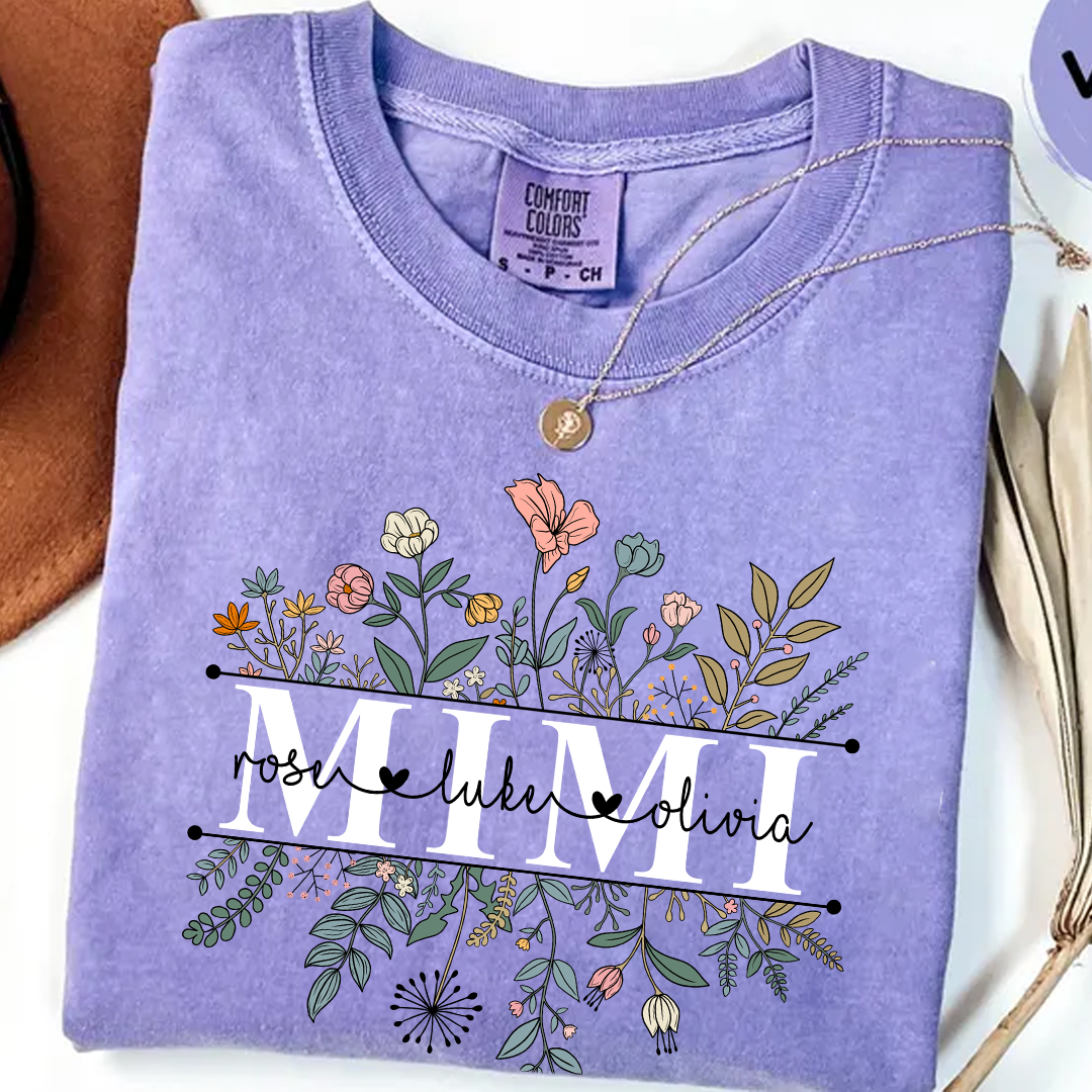 Comfort Colors® Mimi Wildflower Retro T-Shirt, Custom Grandma With Grandkids Shirt