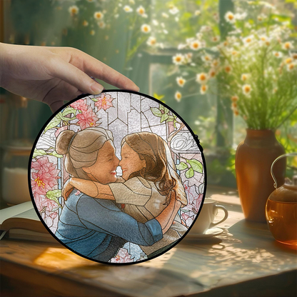 Personalized Grandma And Grandkid Stained Glass Suncatcher, Custom Photo Family Window Hanging Ornament, Birthday, Mother's Gift For Grandma