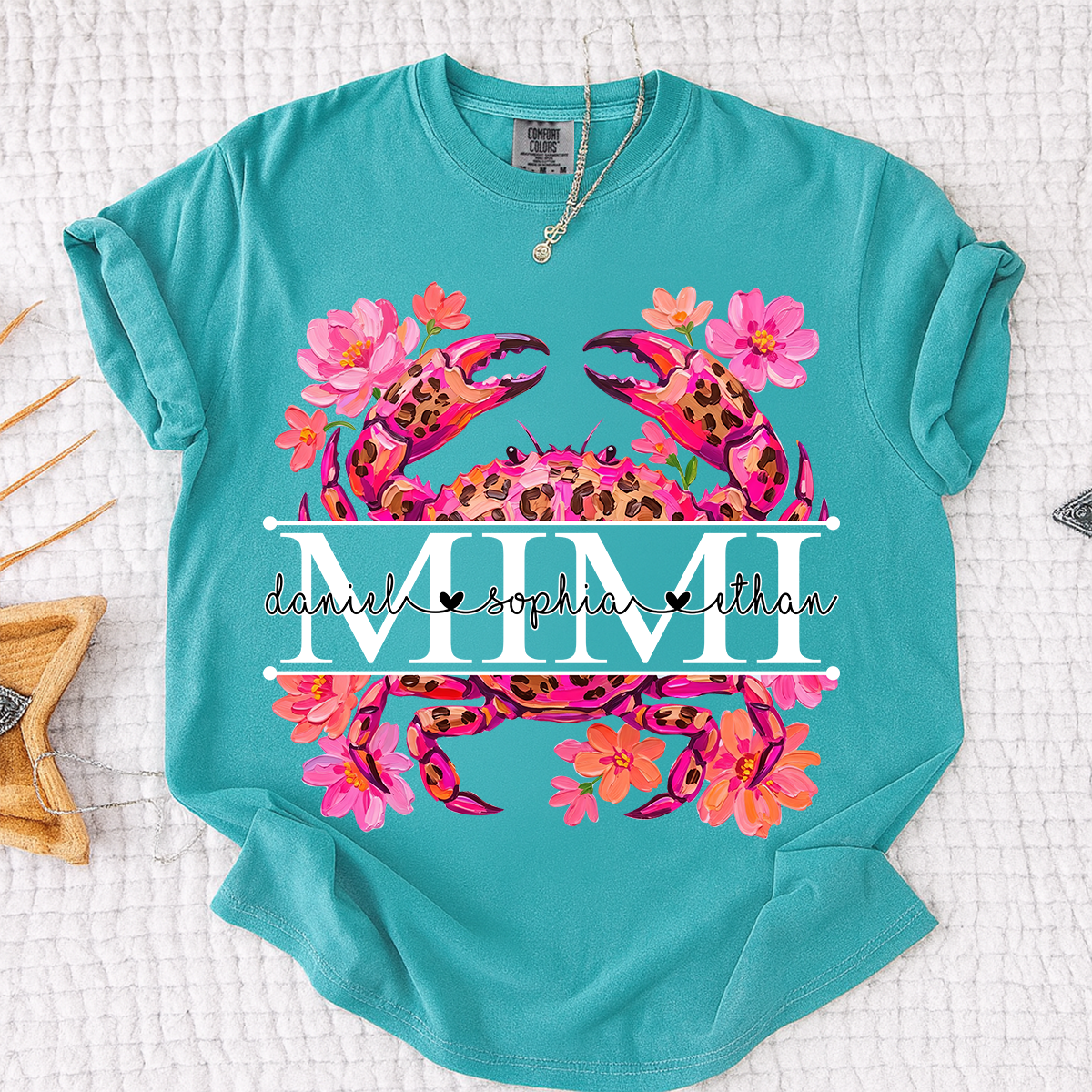 Comfort Colors® Personalized Mimi Crab Shirt with Grandkids Names, Custom Grandma Tee, Floral Leopard Beach Design T Shirt for Mimi Gift