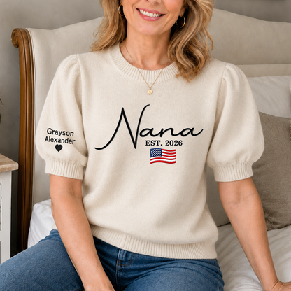 Embroidered Nana Knit Sweater, Personalized Puff Sleeve Crewneck, Custom Sleeve Names, American Flag Grandma Gift