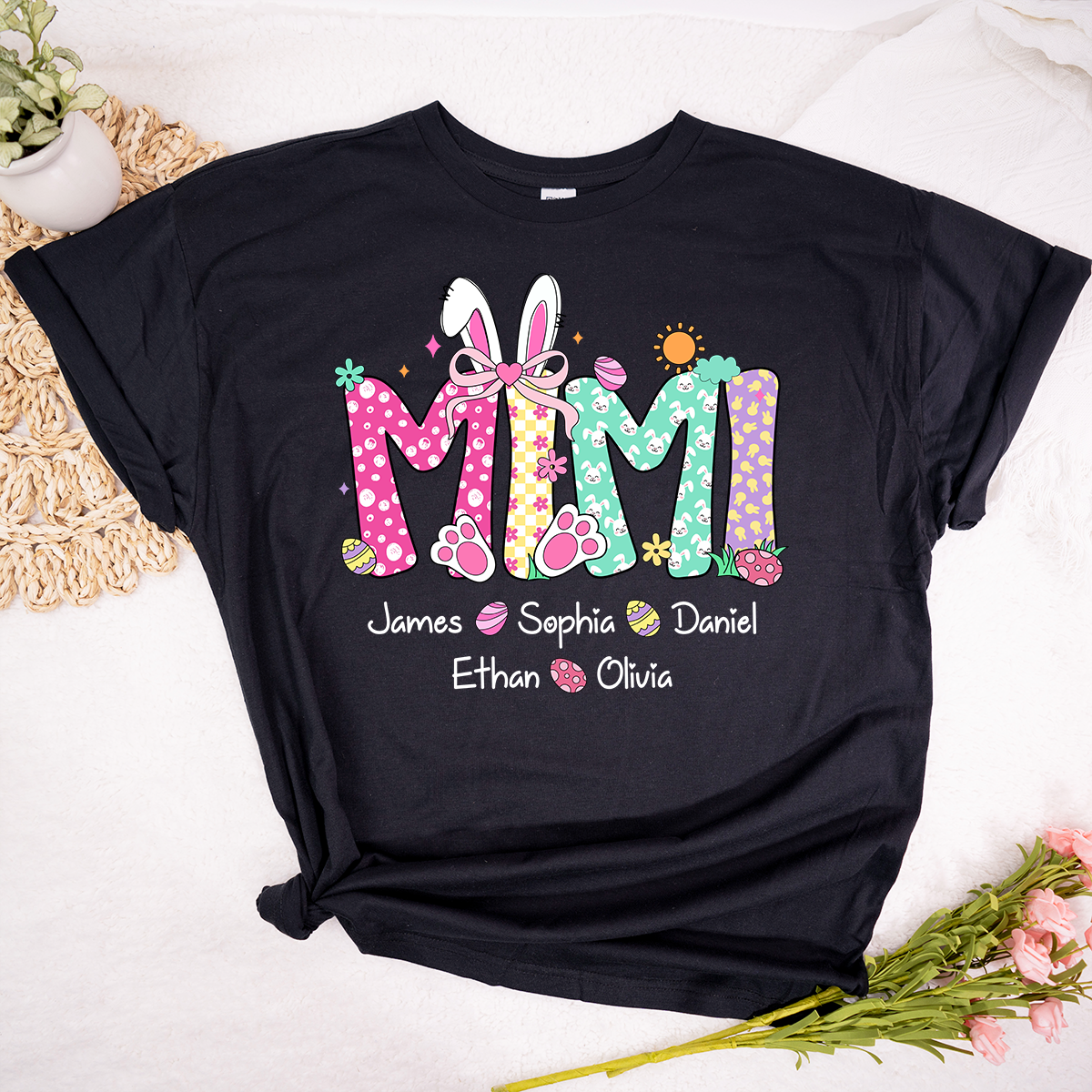 Personalized Gigi Easter Shirt With Bunny Ears, Custom Gigi Shirt With Grandkids Names