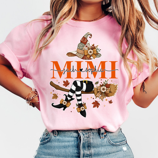 Personalized Mimi Witch Halloween Shirt, Fall Pumpkin Grandma Tee, Custom Grandkids Names T Shirt, Cute Autumn Gift for Mimi