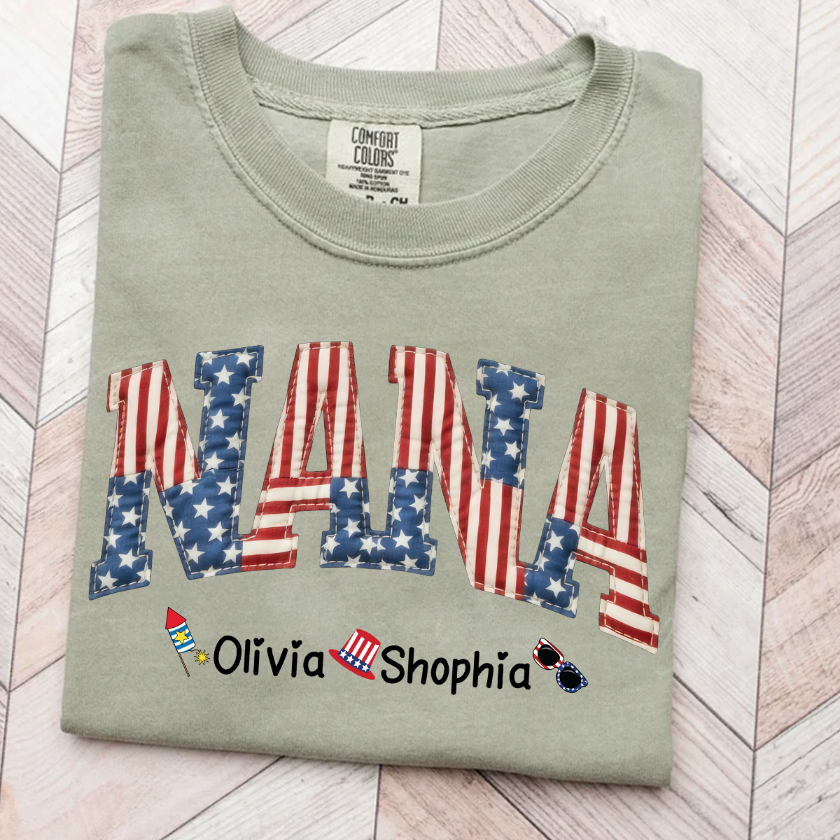 Comfort Colors Personalized Nana T-Shirt with American Flag Design – Custom 4th of July Gift for Nana with Grandkids Names
