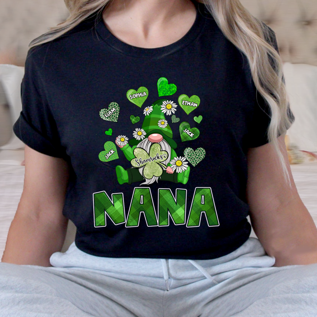 Nana Shamrock Shirt for St Patrick’s Day, Personalized Family Gnome T Shirt, for Grandma and Kids