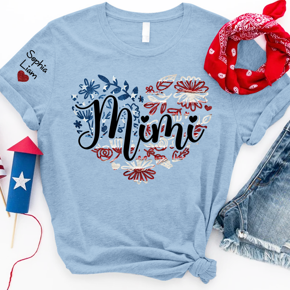 Custom Mimi T Shirt with Kids Names Patriotic Heart American Flag Floral Design Personalized Family Gift for Mimi