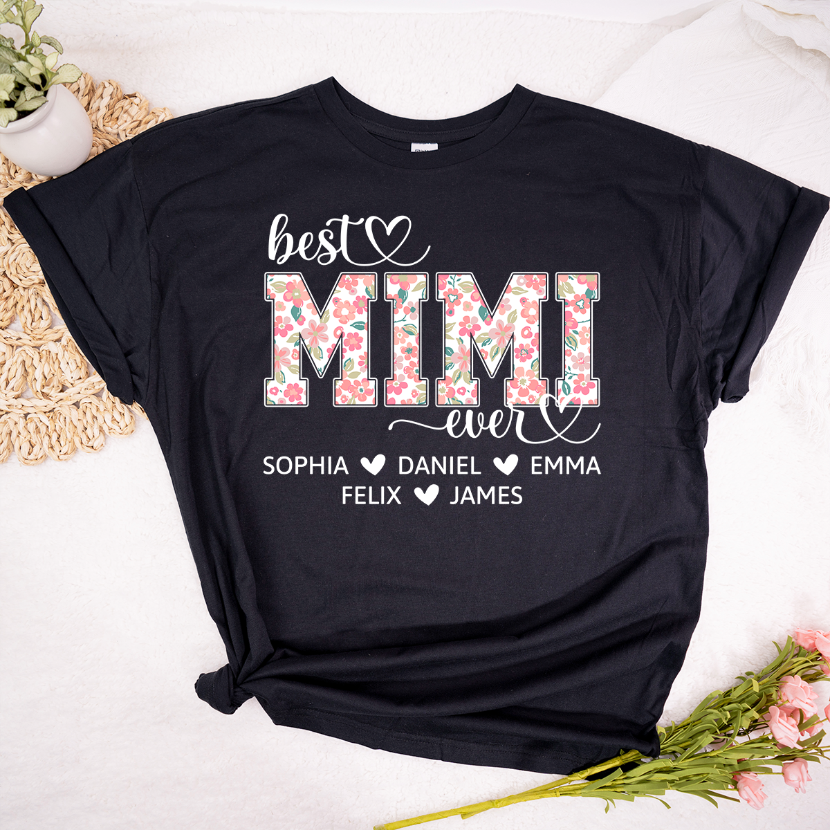 Best Mimi Ever Personalized T Shirt, Custom Floral Design with Grandkids Names