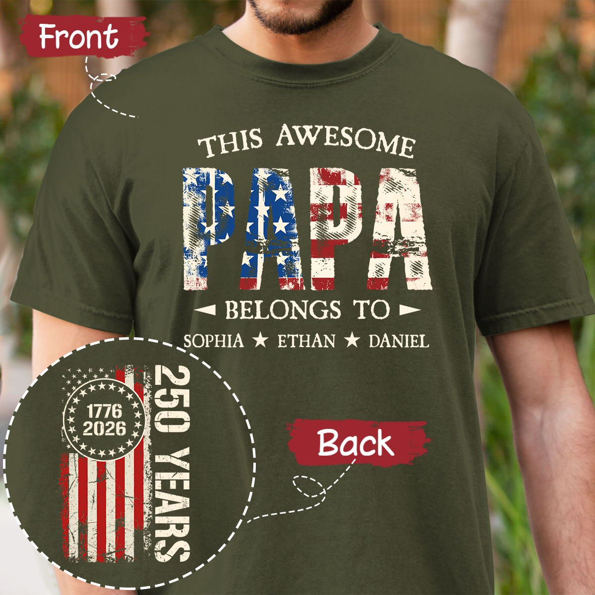 Custom This Awesome Papa Belongs To Shirt, Personalized with Grandkids Names, 250 Years American Flag Design