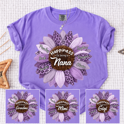 Custom Grandma Shirt, Personalized Sunflower Leopard Print Tee with Kids' Numbers, Gift for Grandma
