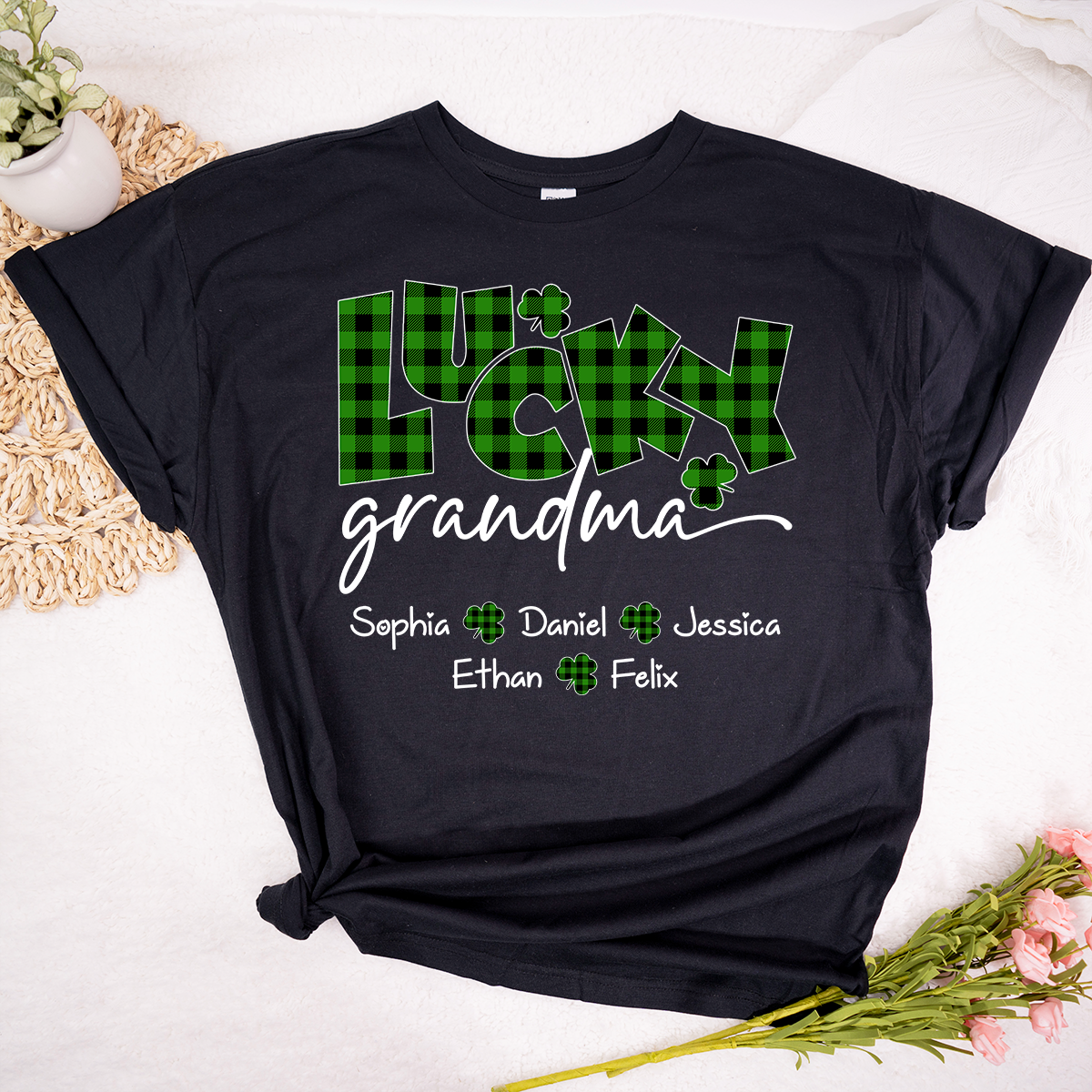 Lucky Grandma Personalized Shirt Clover Shamrock Artwork Custom Family Names St Patrick’s Day Celebration Tee