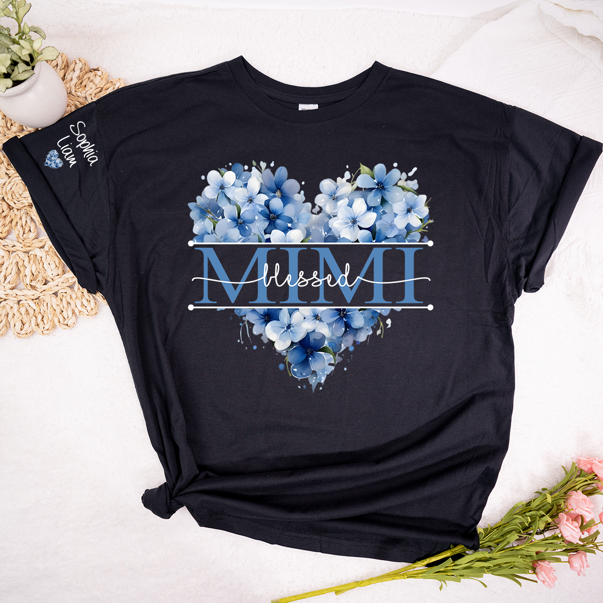 Personalized Blessed Mimi Floral Heart T Shirt, Custom Family Names with Beautiful Blue Flowers, Perfect Gift for Mimi