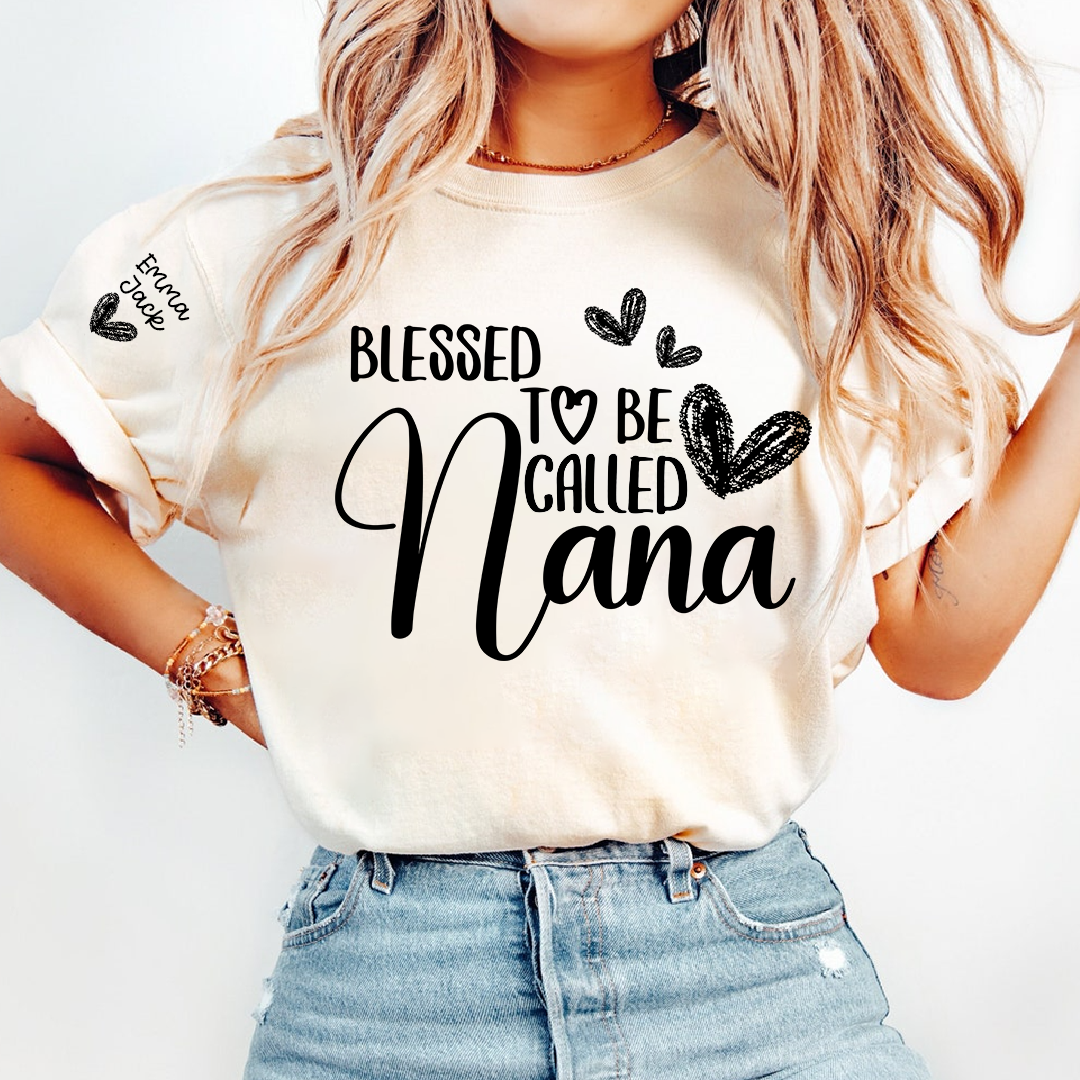 Blessed To Be Called Nana Personalized T-Shirt, Custom Name Nana Tee with Heart Graphic