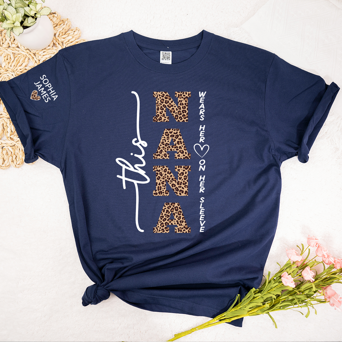 Personalized Nana Leopard Print Shirt, Custom This Nana Wears Her Heart on Her Sleeve T-Shirt with Kids Names