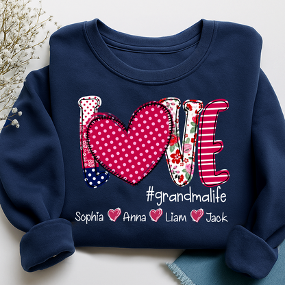 Love Grandma Shirt, Heart Patchwork Sweatshirt with Kids’ Names