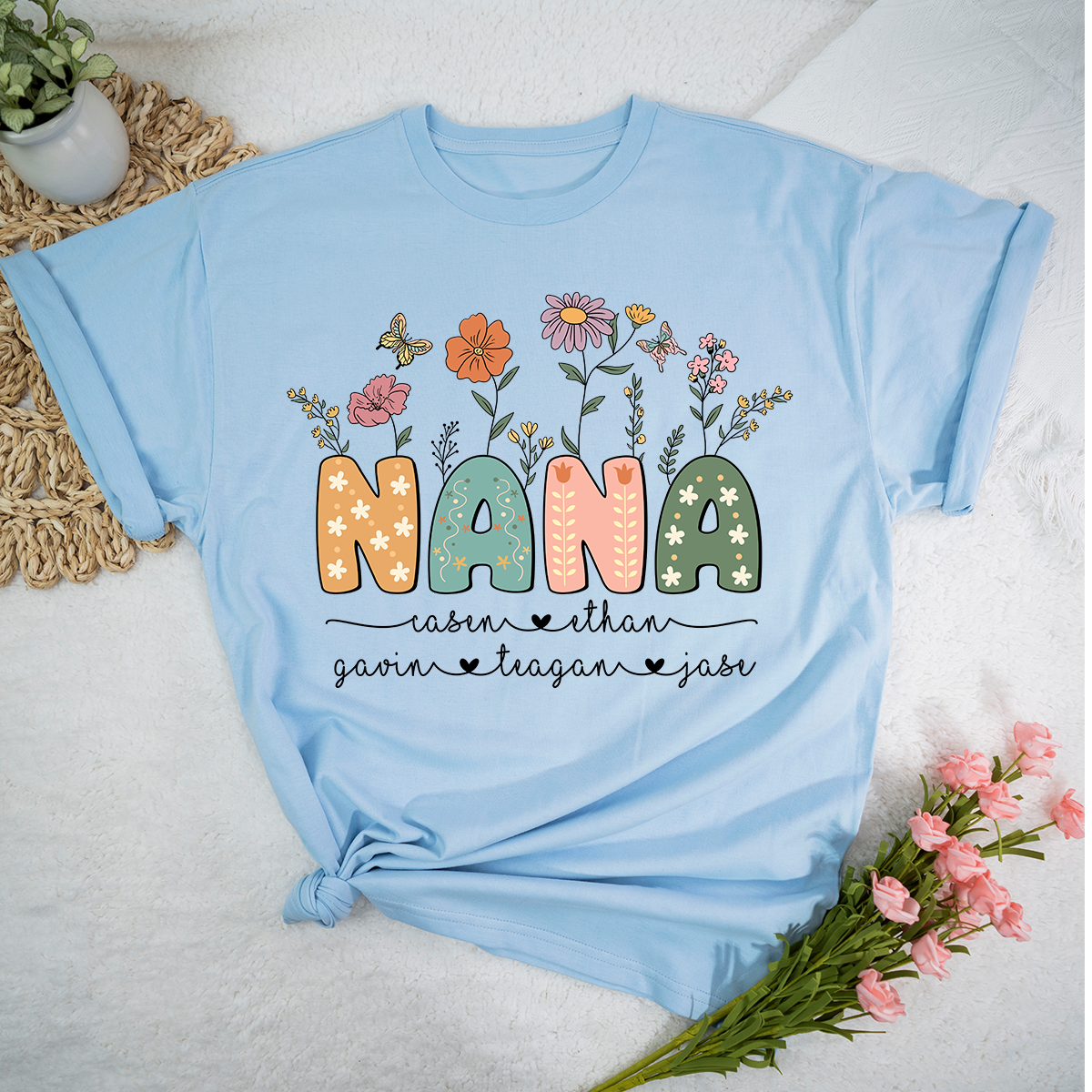 Personalized Floral Nana Shirt, Custom Grandma With Grandkids Mothers Day Gift T-Shirt