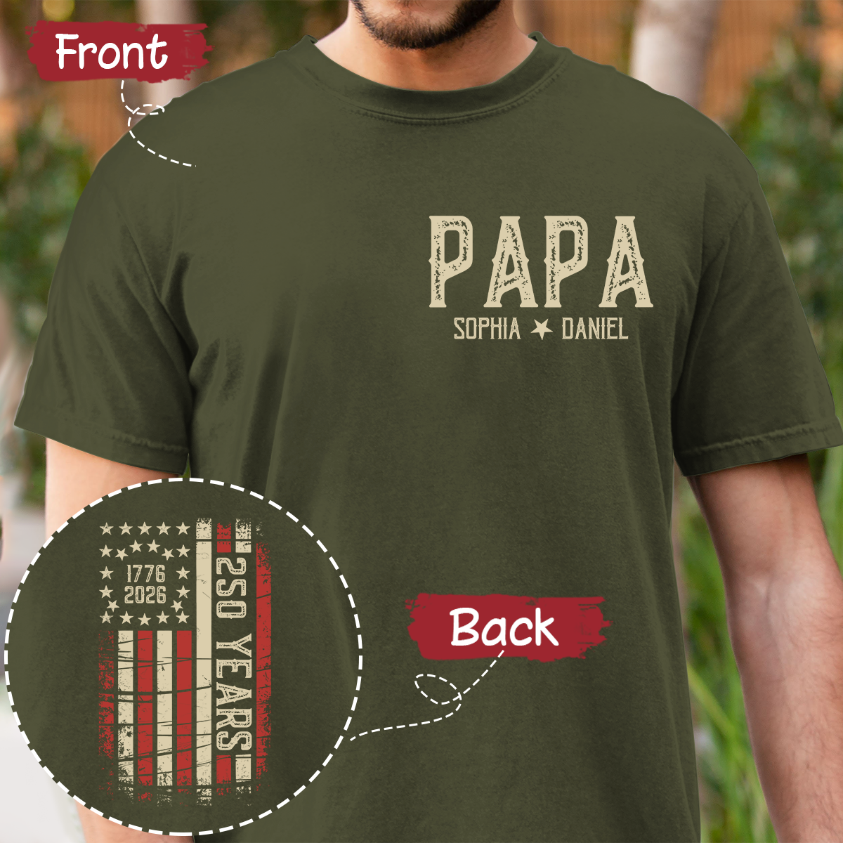 Personalized Papa Shirt, Custom Family Names T Shirt, 250th Anniversary American Flag Design, Patriotic Gift for Papa