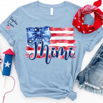 Personalized Mimi American Flag T Shirt with Blue Bow, Custom Mom Gift for Independence Day