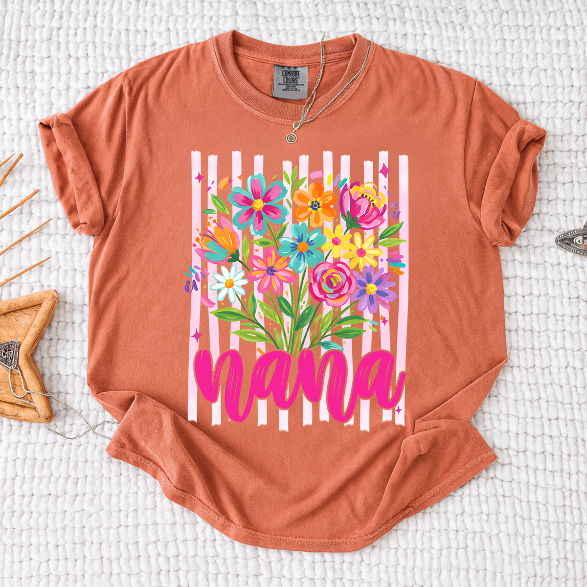 Comfort Colors® Custom Striped Wildflowers Nana Shirt, Trendy Ditsy Floral Gift for Grandma And Kids
