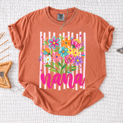 Comfort Colors® Custom Striped Wildflowers Nana Shirt, Trendy Ditsy Floral Gift for Grandma And Kids