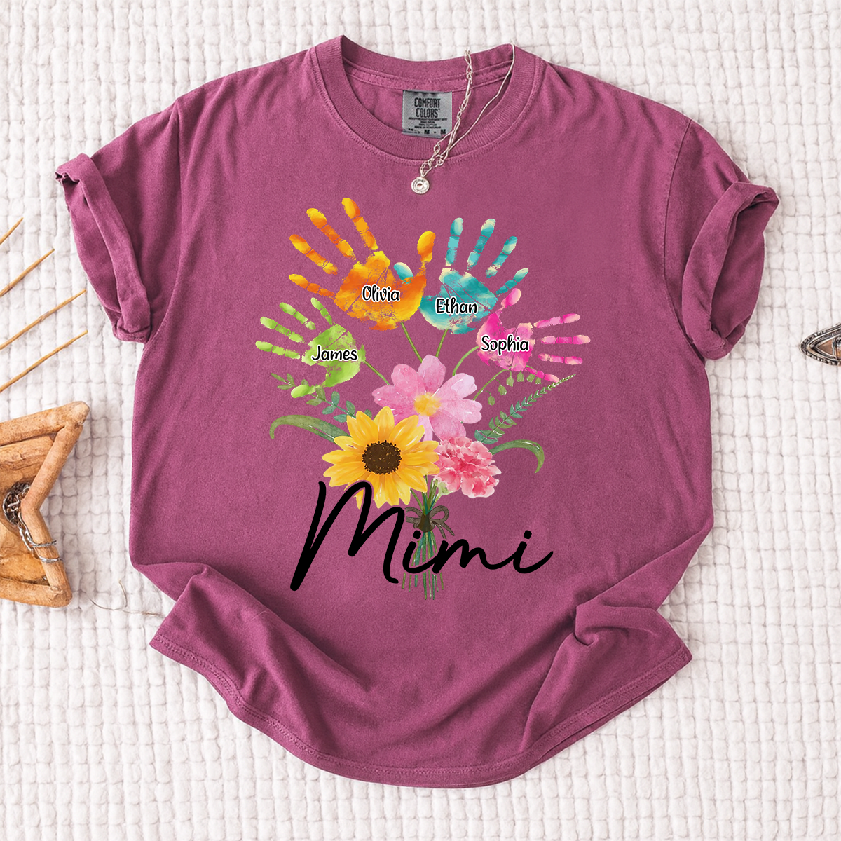 Custom Mimi Shirt, Personalized Handprints and Flowers with Family Names, Idea Gift for Mimi
