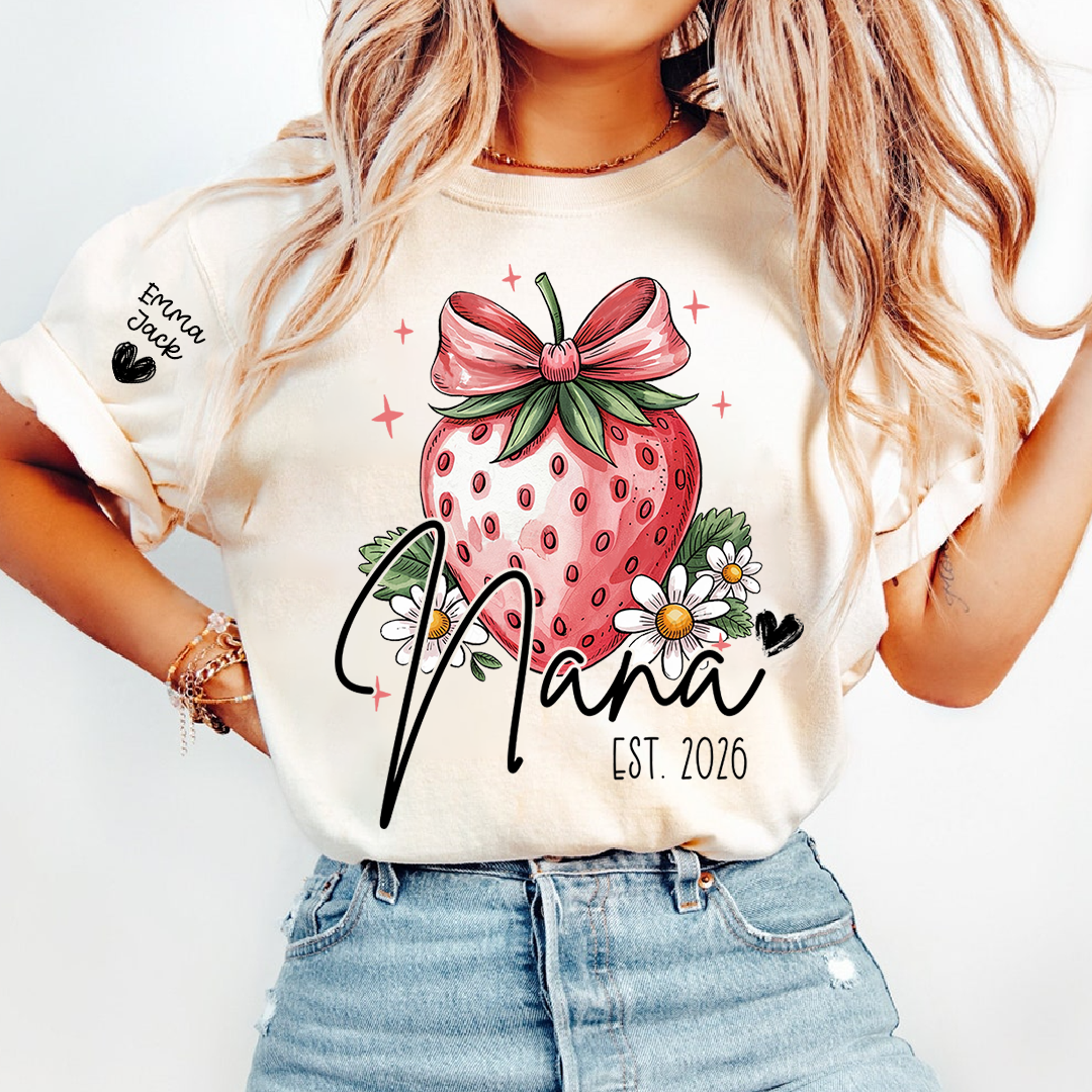 Mimi Strawberry Shirt, Cute Bow Floral Graphic Tee, Personalized Grandma T Shirt, Gift for Mimi from Family