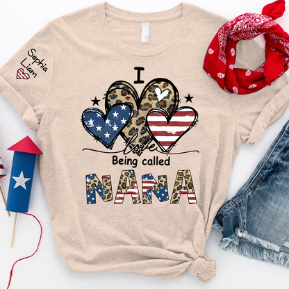 I Love Being Called Nana Shirt with Grandkids Names USA Flag and Leopard Heart Graphic Custom Family Name Tee
