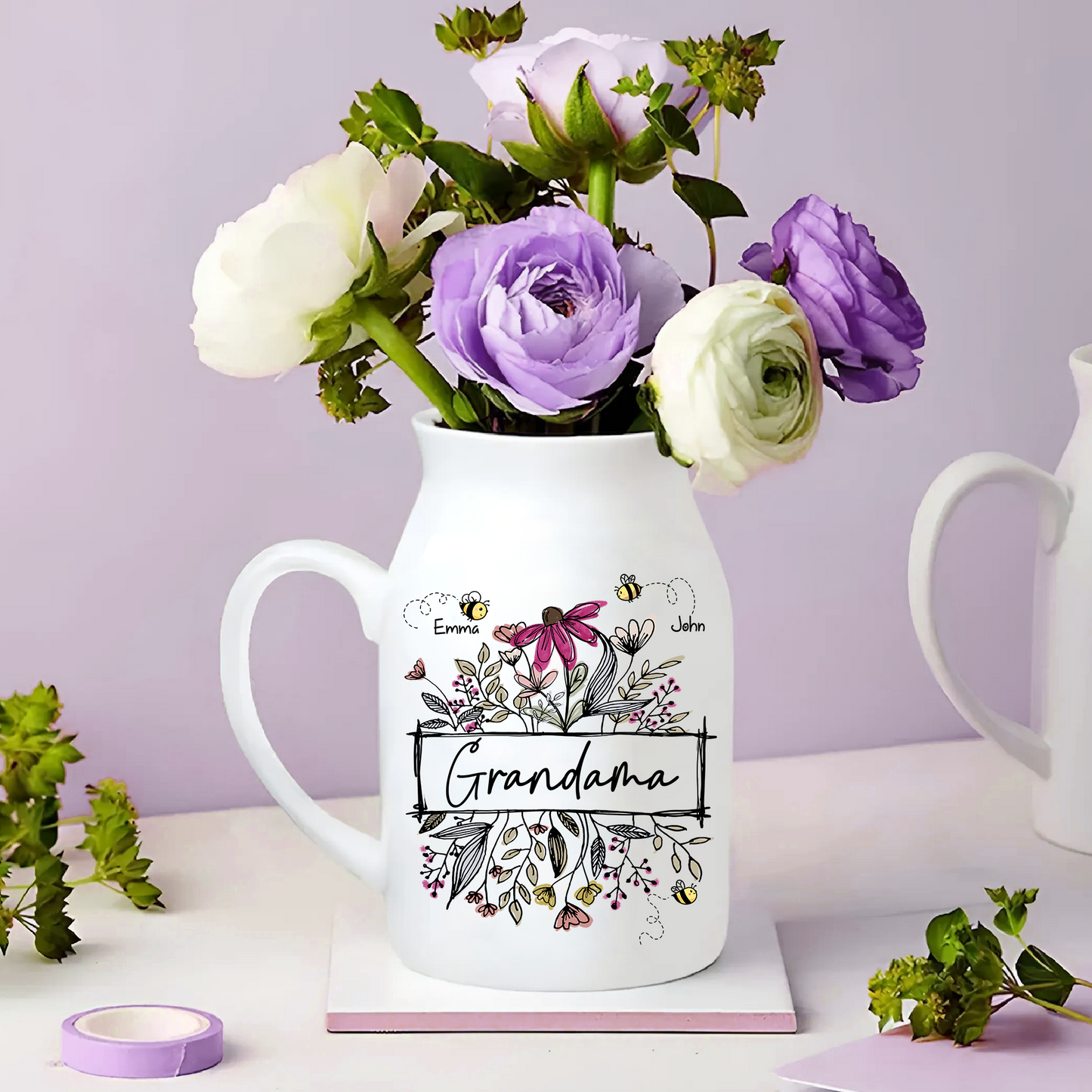 Wildflower Grandma And Bee Kids - Custom Home Decoration Flower Vase According To Family Requirements - Warm Gift For Mother's Day, Ceramic Flower Vase