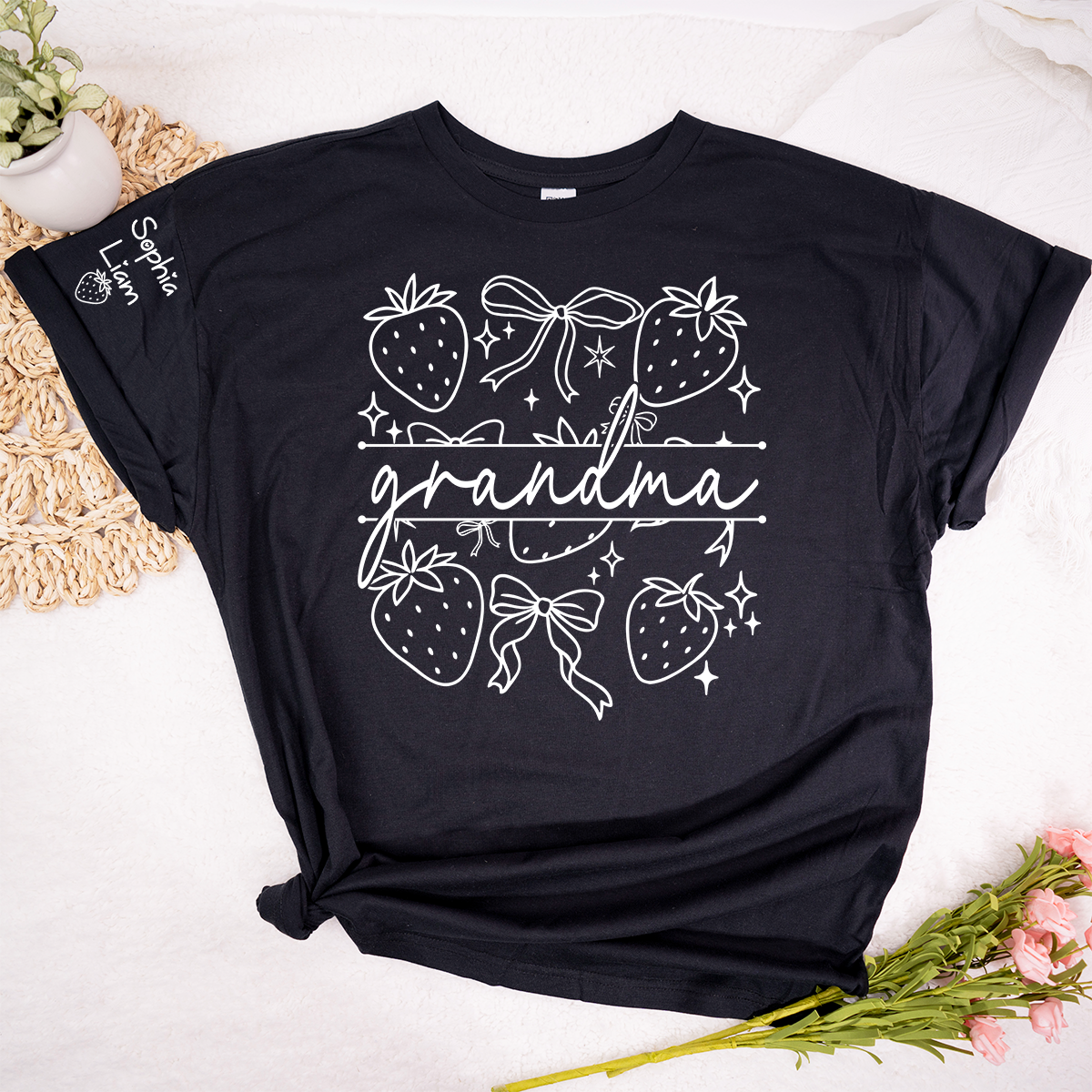 Custom Grandma Tee with Children’s Names, Strawberry Bow Shirt, Perfect Gift for Mom Nana Holidays