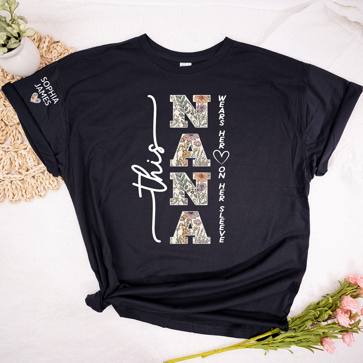 Custom This Nana Wears Her Heart on Her Sleeve Shirt, Floral Design Nana T-Shirt with Kids Names