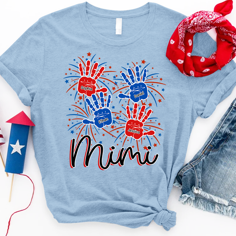Personalized Mimi Shirt with Handprints, Custom Grandkids Names and Fireworks Design, Perfect Gift for Mimi
