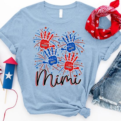 Personalized Mimi Shirt with Handprints, Custom Grandkids Names and Fireworks Design, Perfect Gift for Mimi