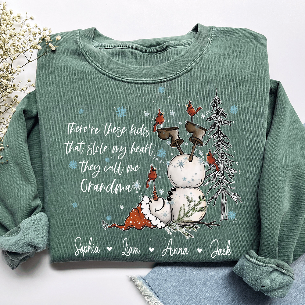 Custom Grandma Snowman Sweatshirt, There’s These Kids That Stole My Heart For Gift Grandma And Kids