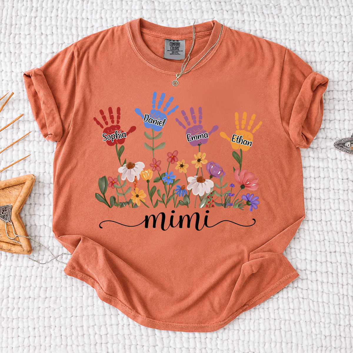 Comfort Colors Mimi Custom T Shirt with Kids Handprints, Personalized Family Names and Colorful Flower Design