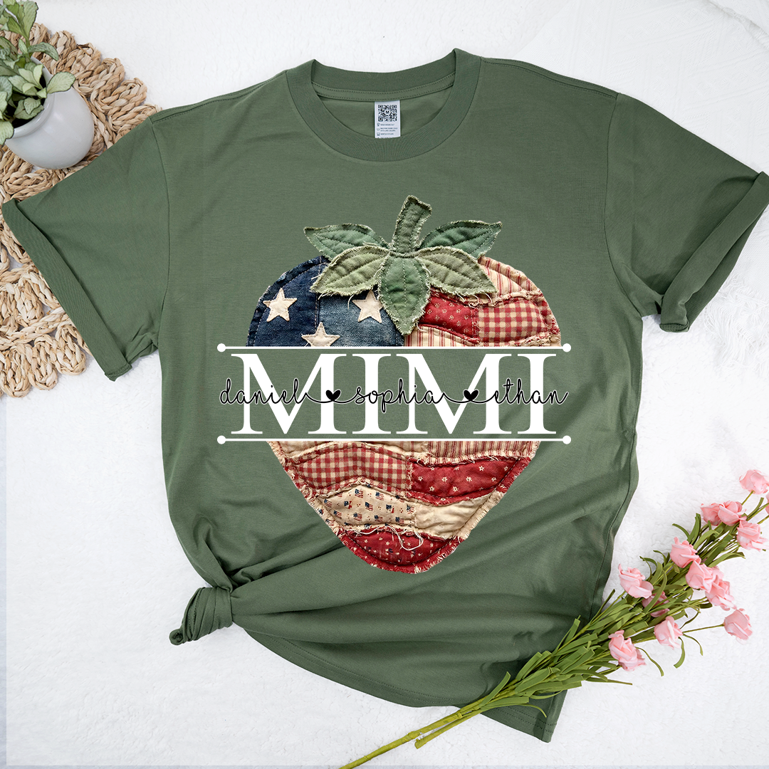 Custom 4th of July Mimi Strawberry T-Shirt, Personalized Patriotic Red White Blue Tshirt